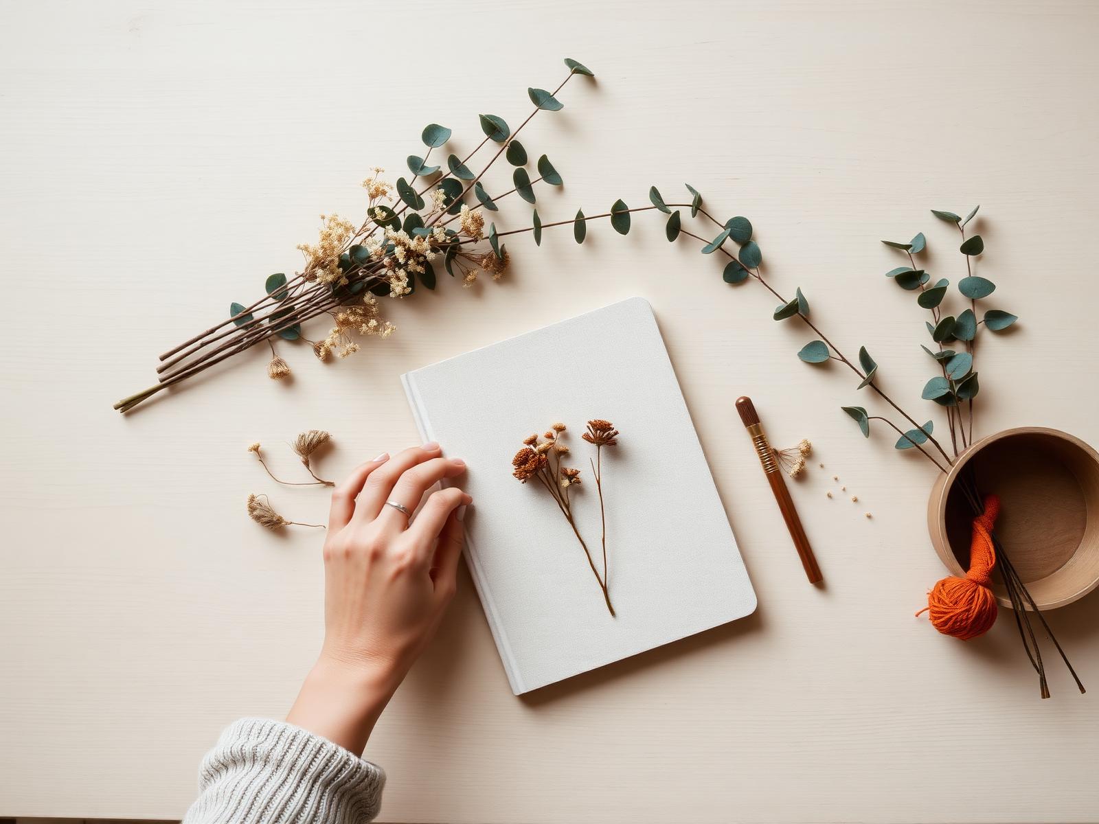 Mains posées sur un carnet entouré de fleurs séchées et d'eucalyptus